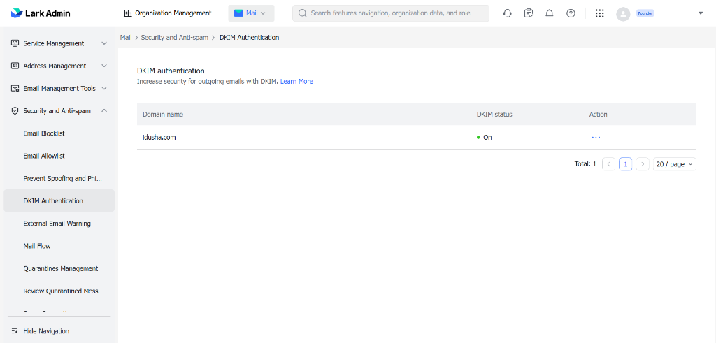Lark Admin Console DKIM Authentication active for idusha.com